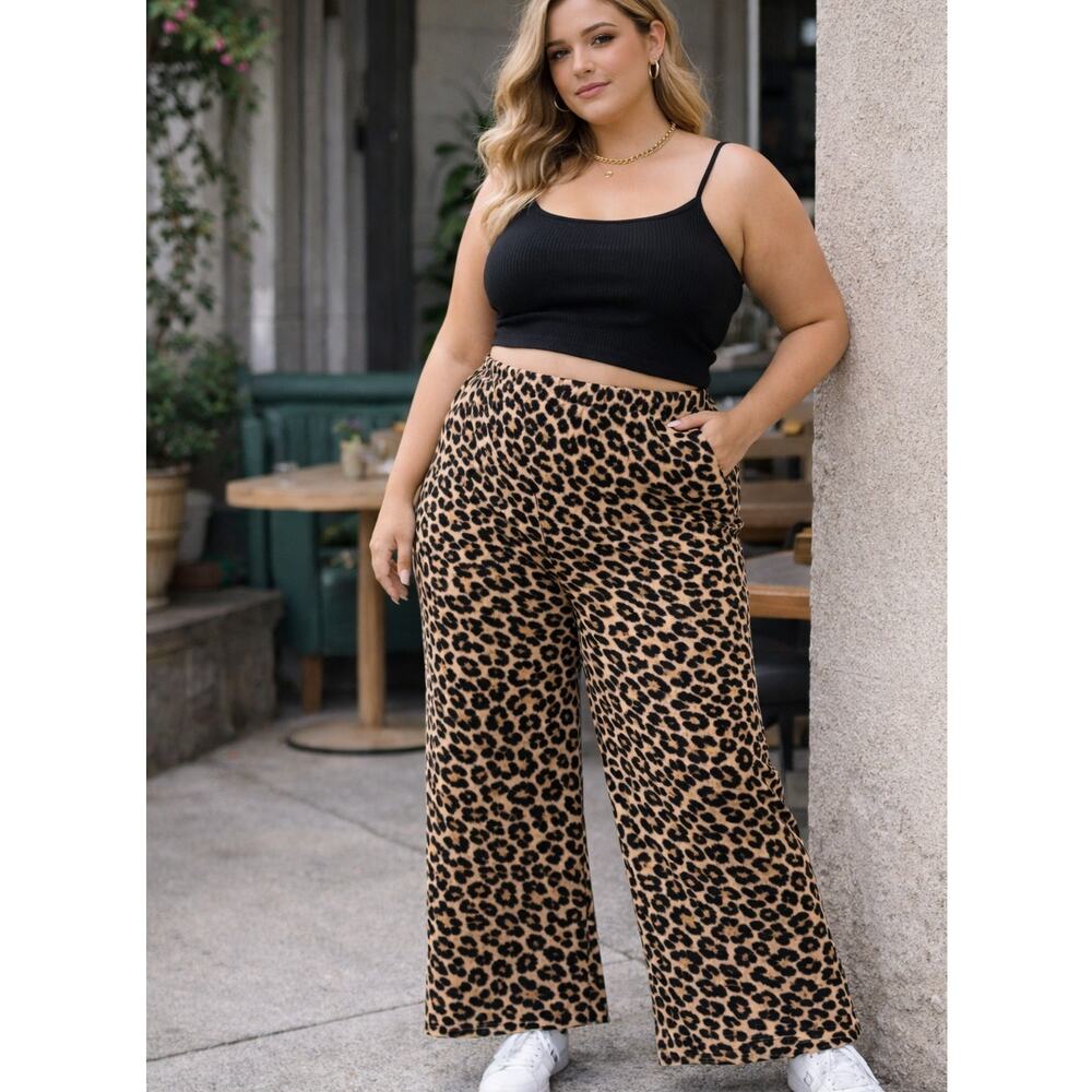 JODIFL Leopard Print Ribbed Wide Leg Pants 1X Elastic Waist Lounge
